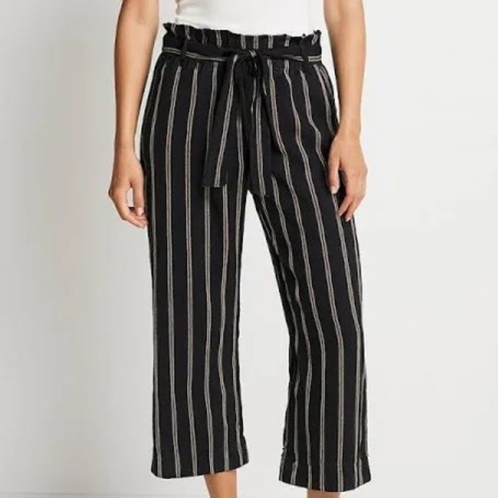 J.Jill Linen Stretch Crop Pants Women Large Striped Paperbag Waist Tie Belt